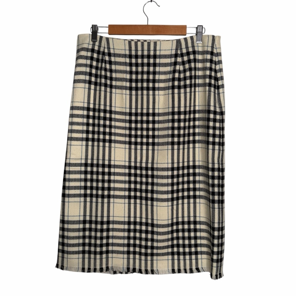 J. Marco Plaid Wool Blend Soft Lightweight Pencil Skirt Fringe Hem Size 12